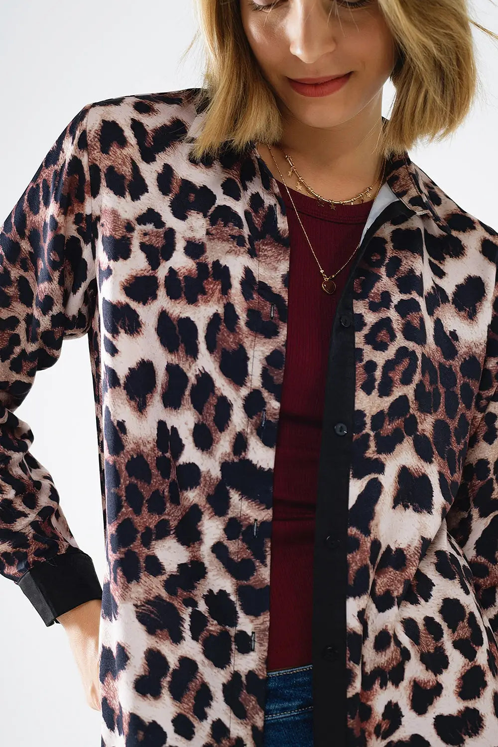 leopard shirt with black satin detail - Shirts