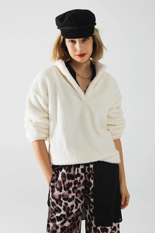 ecru fluffy v-neck sweater - CREAM / ONE - Sweaters