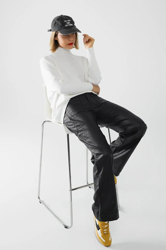 Faux leather pants with wide leg and pocket detail - Pants