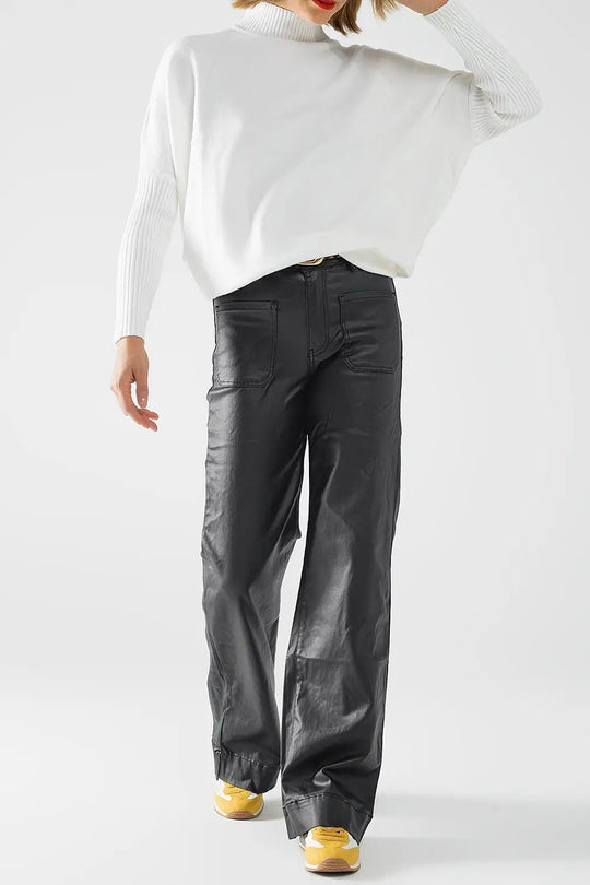 Faux leather pants with wide leg and pocket detail - Pants
