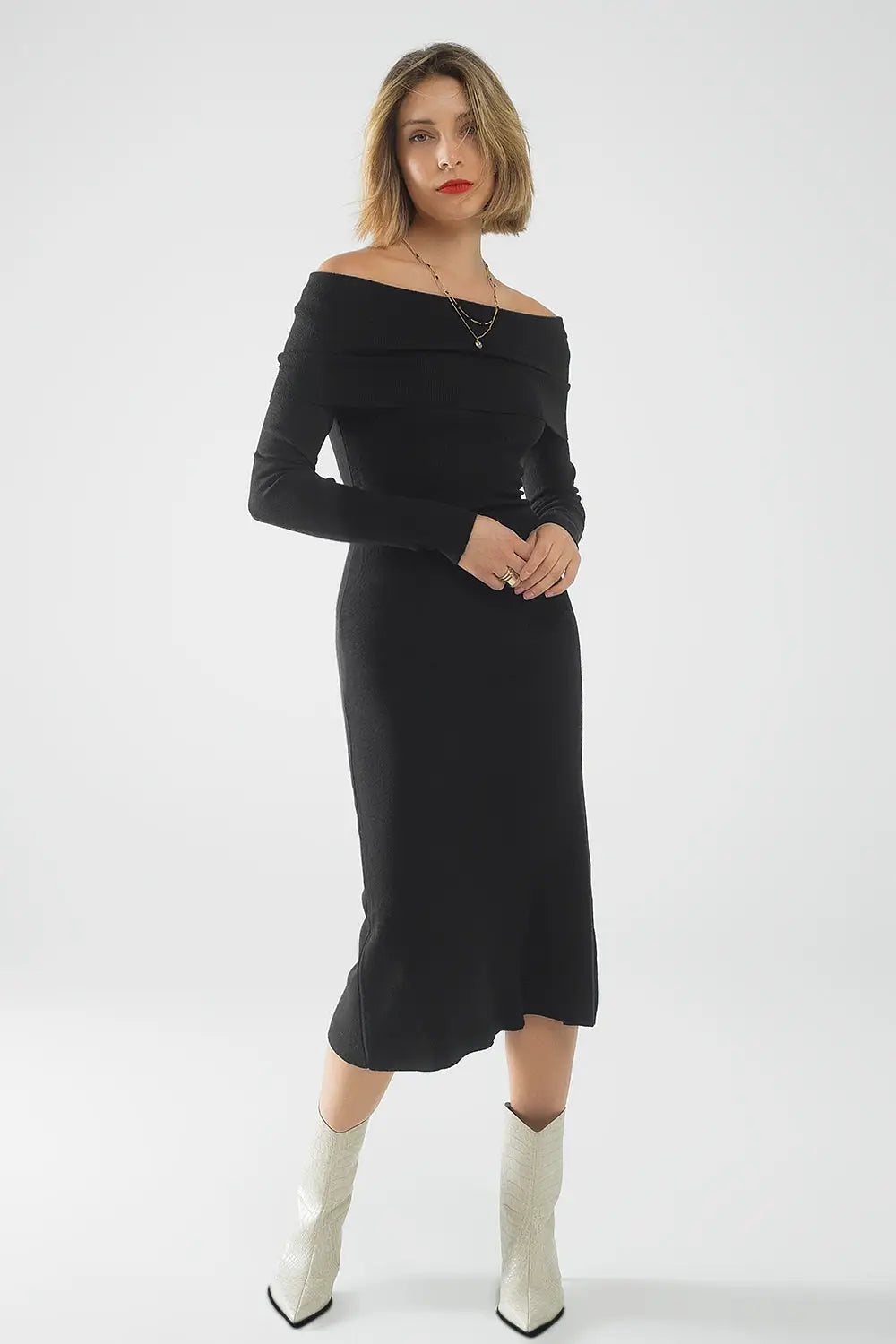 Maxi Knitted wide Bardot Dress in black - BLACK / ONE - Dresses