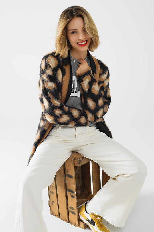 black Leopard print cardigan made of knitted fabric with wool
