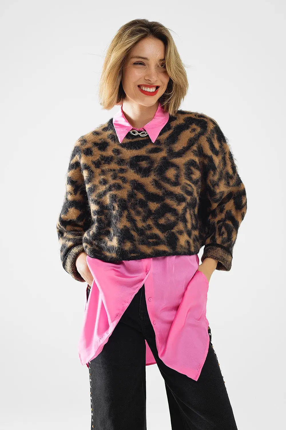 black Leopard print sweater made of knitted fabric with wool - BLACK / ONE - Sweaters