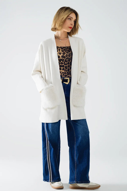 cream High quality knitted maxi cardigan with fur pockets - CREAM / ONE - Jackets Cardigans