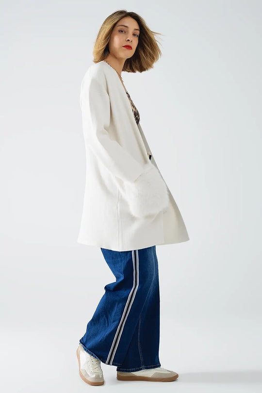 cream High quality knitted maxi cardigan with fur pockets - CREAM / ONE - Jackets Cardigans