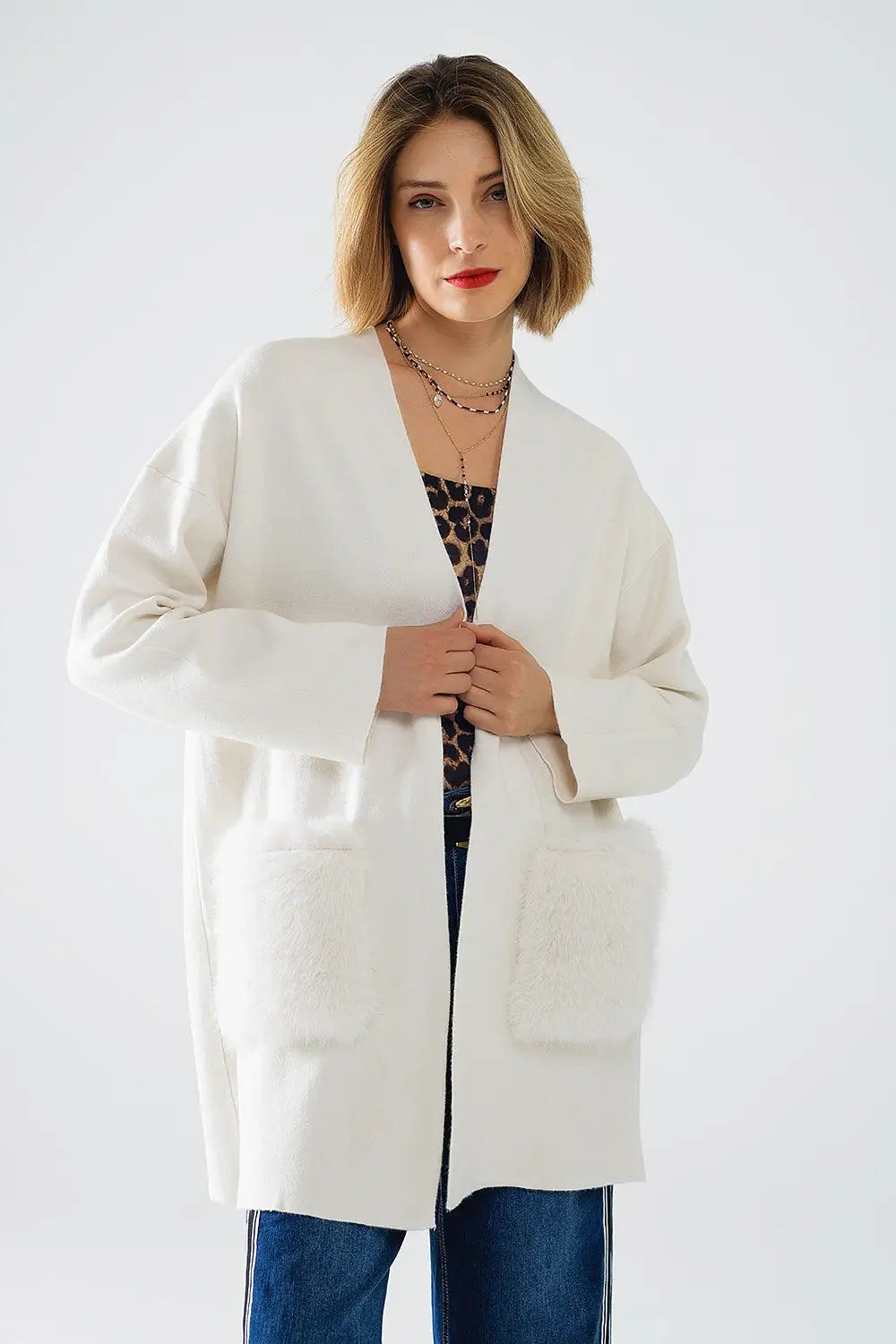 cream High quality knitted maxi cardigan with fur pockets - CREAM / ONE - Jackets Cardigans