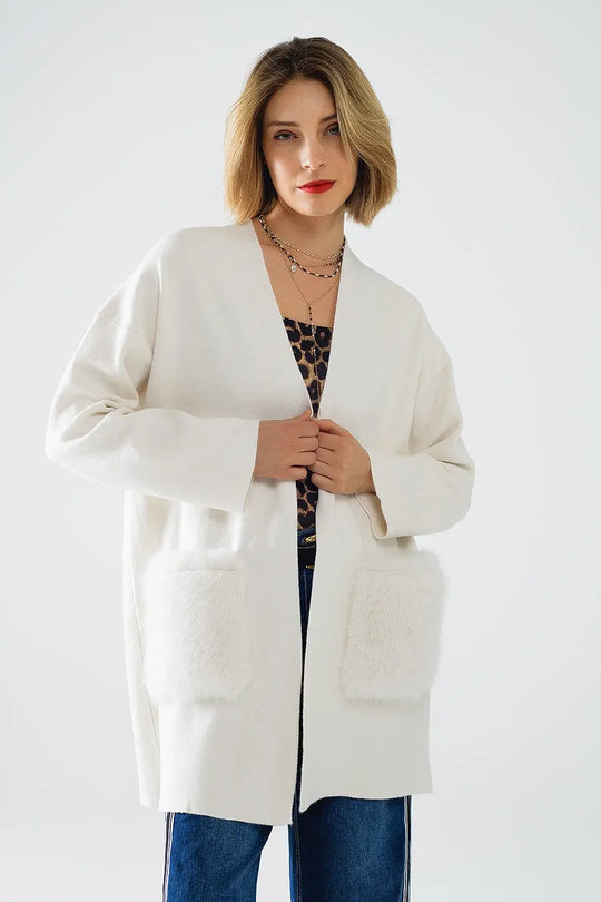 cream High quality knitted maxi cardigan with fur pockets - CREAM / ONE - Jackets Cardigans