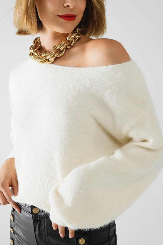 cropped fluffy sweater in cream fitted at the waist - CREAM / ONE - Sweaters