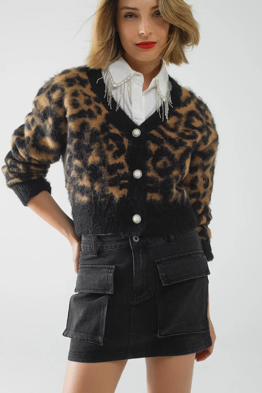 Leopard print cardigan made of knitted fabric with wool in Camel - BLACK / ONE - Cardigans