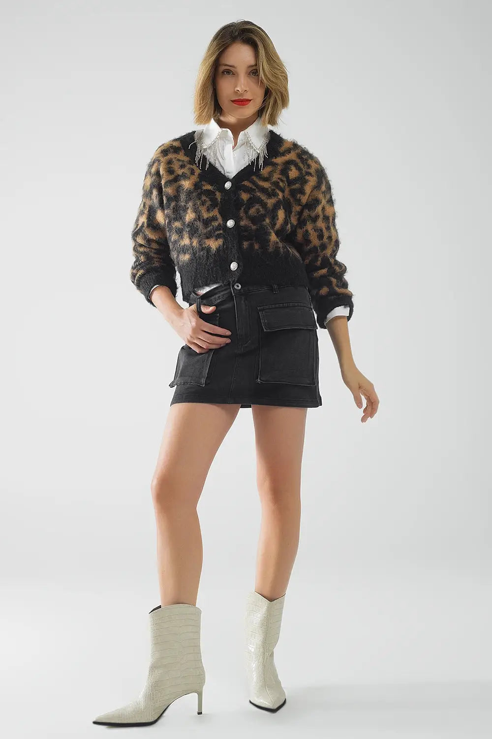 Leopard print cardigan made of knitted fabric with wool in Camel - BLACK / ONE - Cardigans