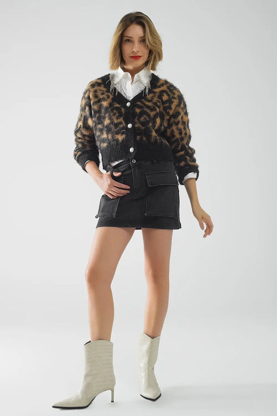 Leopard print cardigan made of knitted fabric with wool in Camel - BLACK / ONE - Cardigans