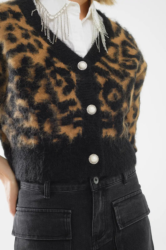 Leopard print cardigan made of knitted fabric with wool in Camel - BLACK / ONE - Cardigans