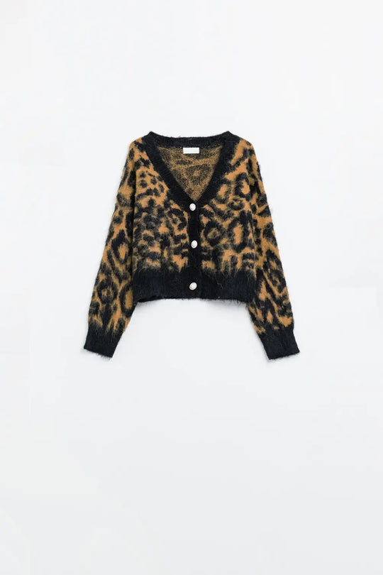 Leopard print cardigan made of knitted fabric with wool in Camel - BLACK / ONE - Cardigans