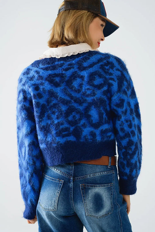 blue leopard print cardigan made of knitted fabric with wool - BLUE / ONE - Cardigans