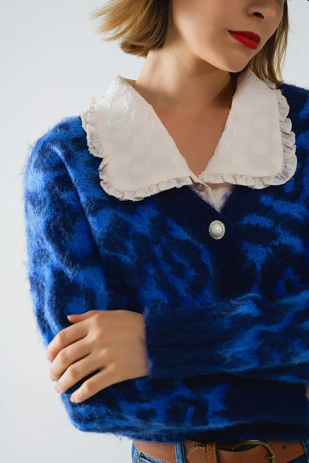 blue leopard print cardigan made of knitted fabric with wool - BLUE / ONE - Cardigans