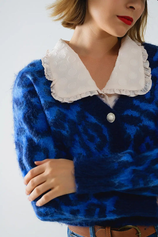 blue leopard print cardigan made of knitted fabric with wool - BLUE / ONE - Cardigans