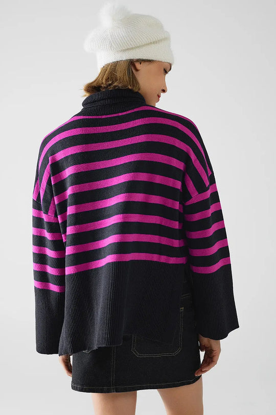 Navy oversized trutleneck sweater with fuchsia stripes and splits on the side - NAVY / ONE - Sweaters