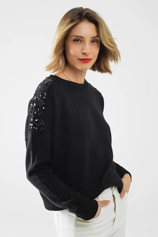 Black long sleeves sweater with sequins on the shoulders - BLACK / ONE - Sweaters