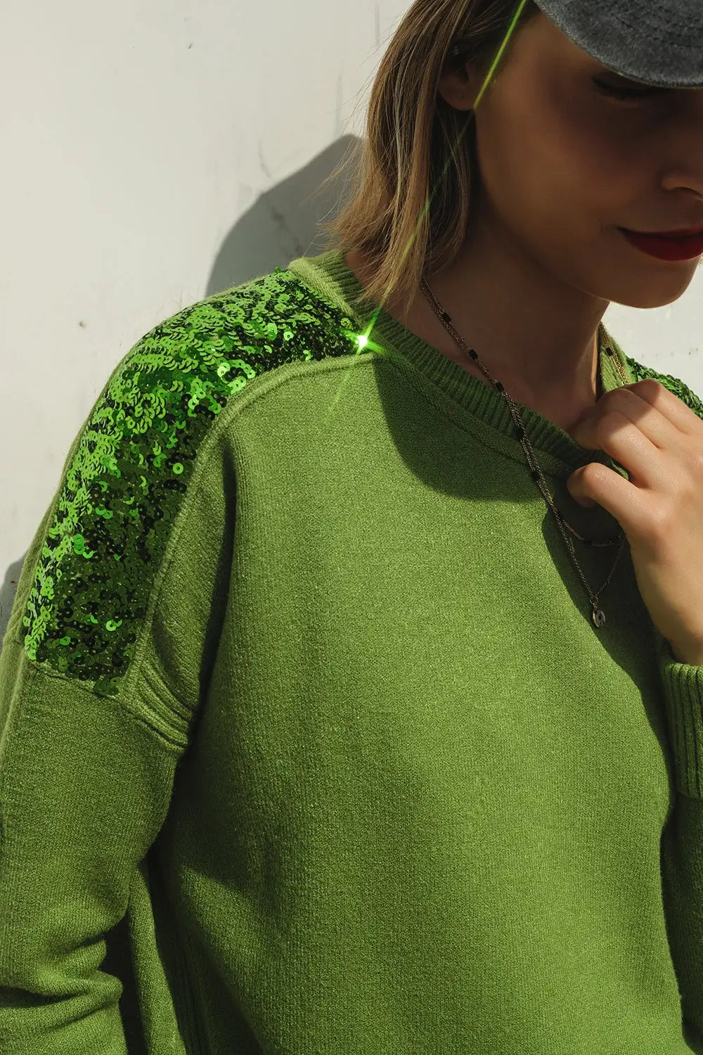 Green Long Sleeves Sweater With Sequins on The Shoulders - GREEN / ONE - Sweaters