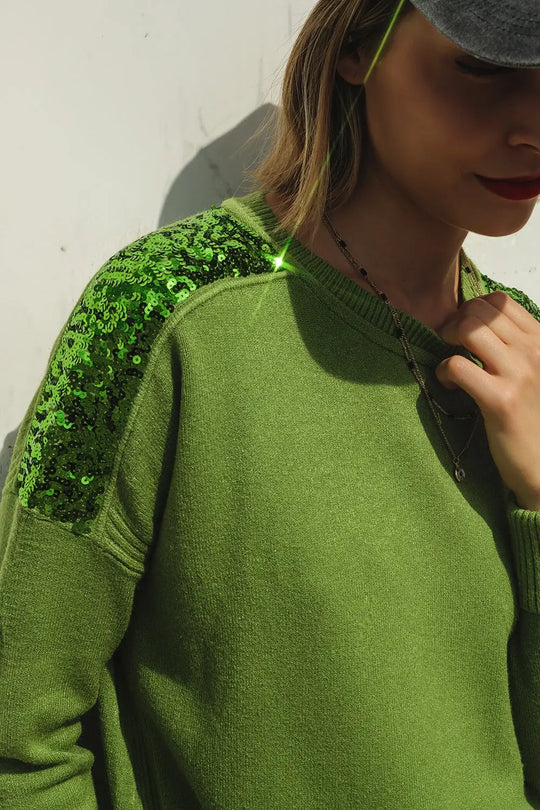 Green Long Sleeves Sweater With Sequins on The Shoulders - GREEN / ONE - Sweaters