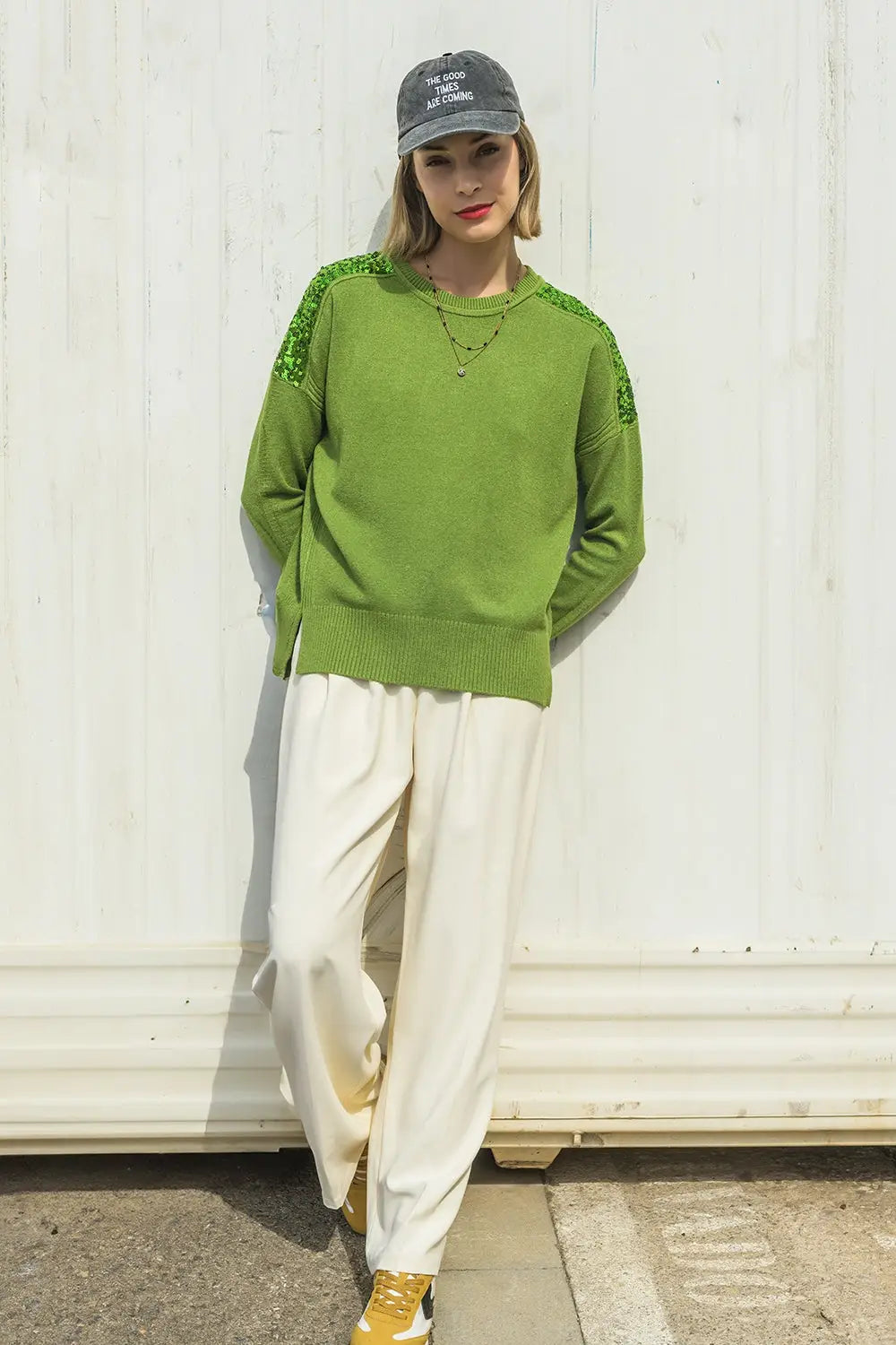Green Long Sleeves Sweater With Sequins on The Shoulders - GREEN / ONE - Sweaters