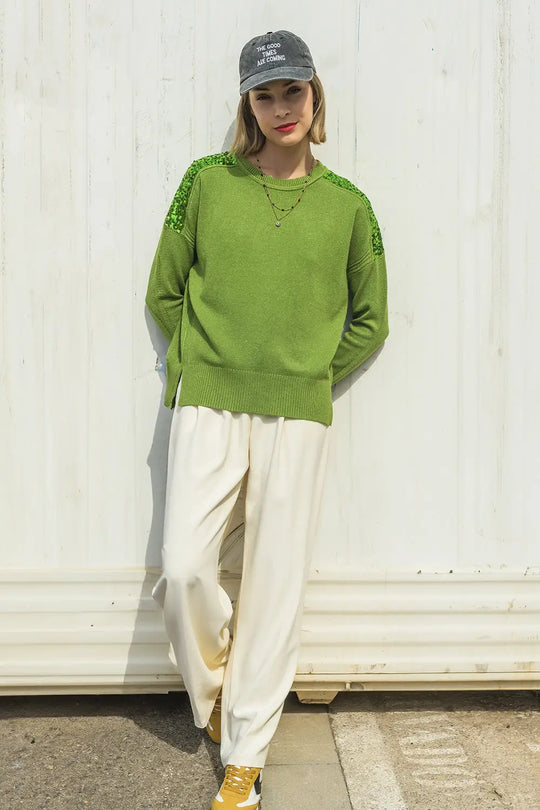 Green Long Sleeves Sweater With Sequins on The Shoulders - GREEN / ONE - Sweaters