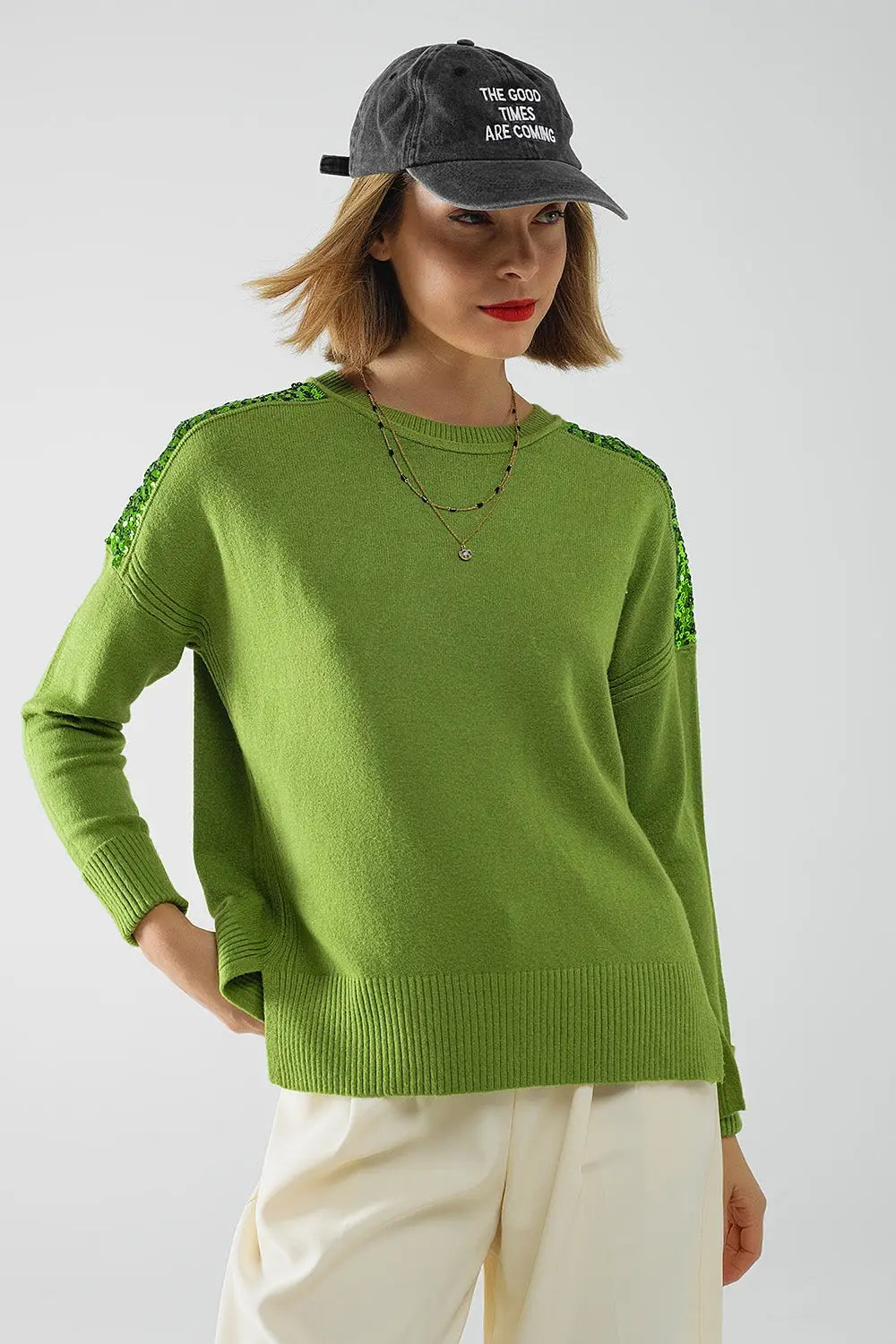 Green Long Sleeves Sweater With Sequins on The Shoulders - GREEN / ONE - Sweaters