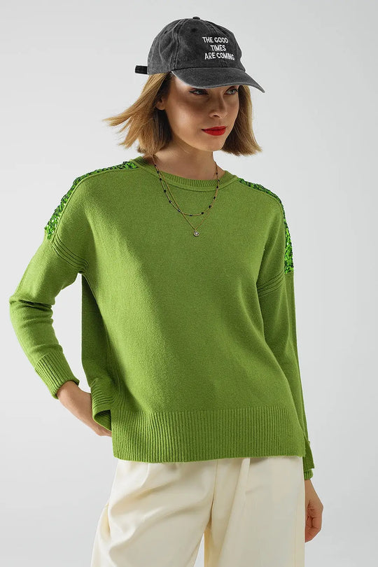 Green Long Sleeves Sweater With Sequins on The Shoulders - GREEN / ONE - Sweaters