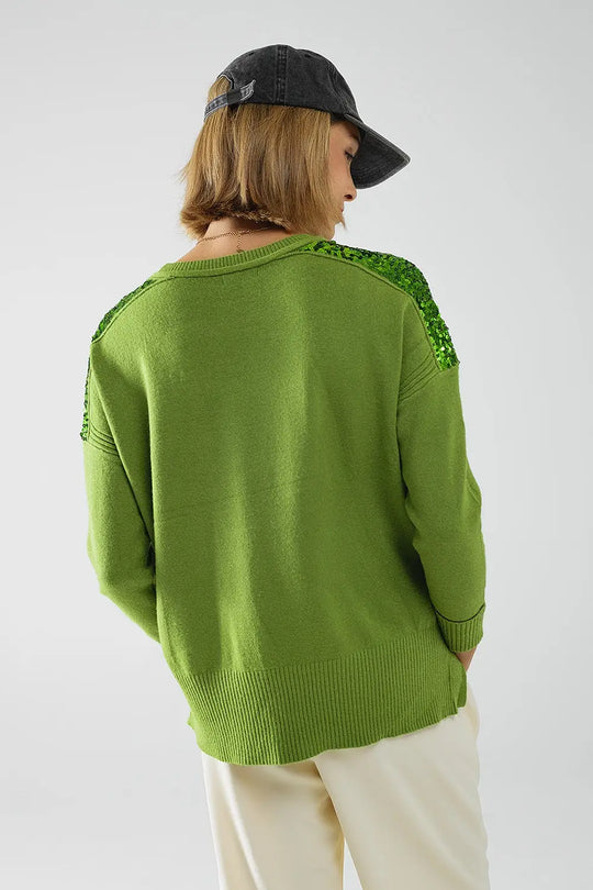 Green Long Sleeves Sweater With Sequins on The Shoulders - GREEN / ONE - Sweaters
