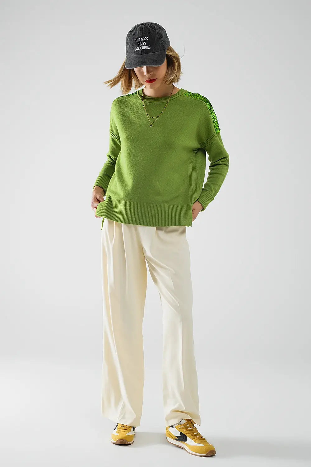 Green Long Sleeves Sweater With Sequins on The Shoulders - GREEN / ONE - Sweaters