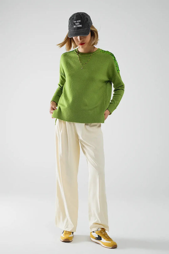 Green Long Sleeves Sweater With Sequins on The Shoulders - GREEN / ONE - Sweaters