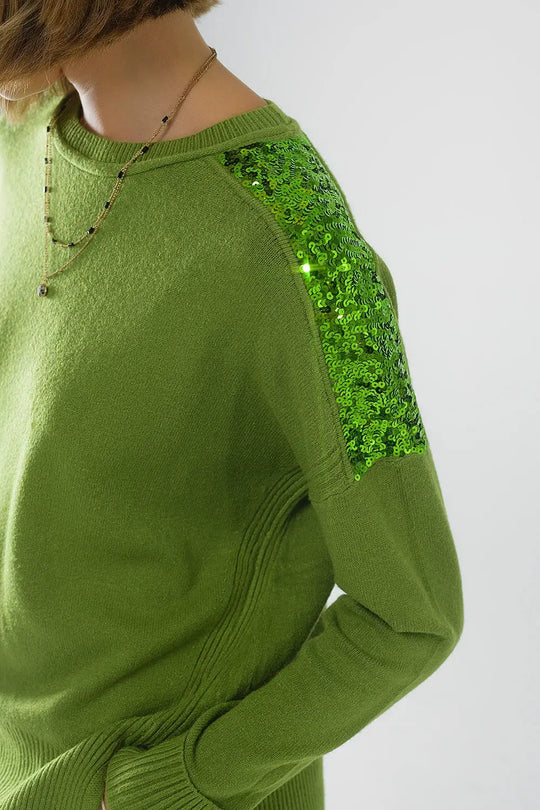 Green Long Sleeves Sweater With Sequins on The Shoulders - GREEN / ONE - Sweaters