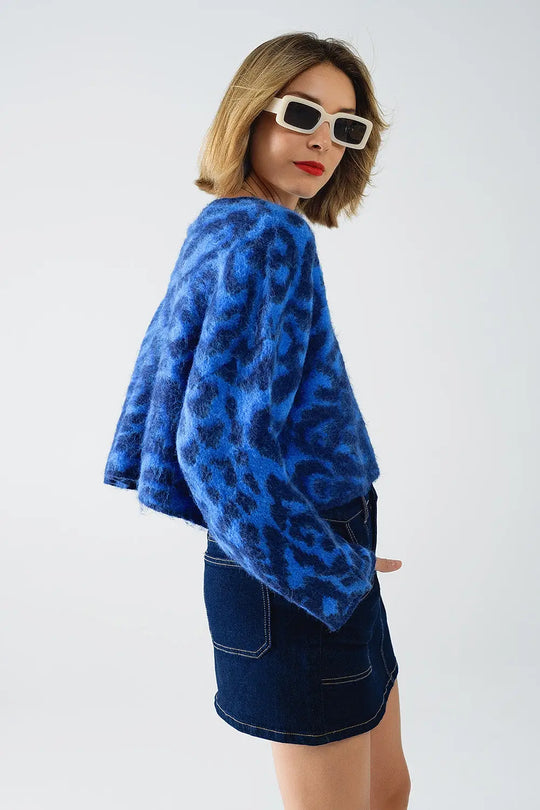 Blue Leopard print sweater made of knitted fabric with wool - BLUE / ONE - Sweaters
