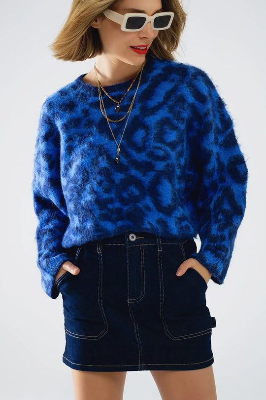 Blue Leopard print sweater made of knitted fabric with wool - BLUE / ONE - Sweaters