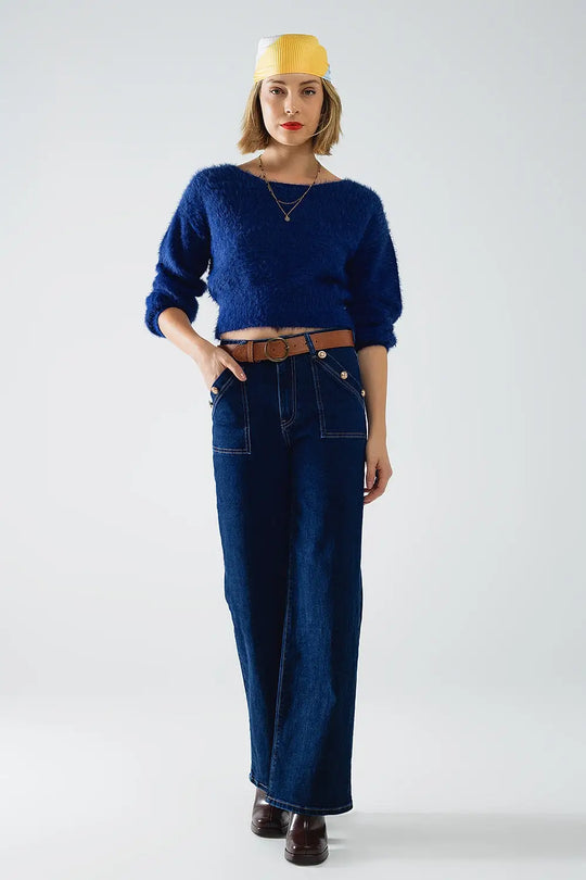 cropped fluffy sweater in navy blue fitted at the waist - BLUE / ONE - Sweaters