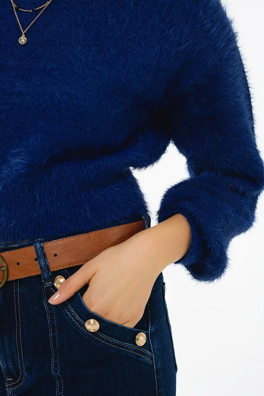 cropped fluffy sweater in navy blue fitted at the waist - BLUE / ONE - Sweaters