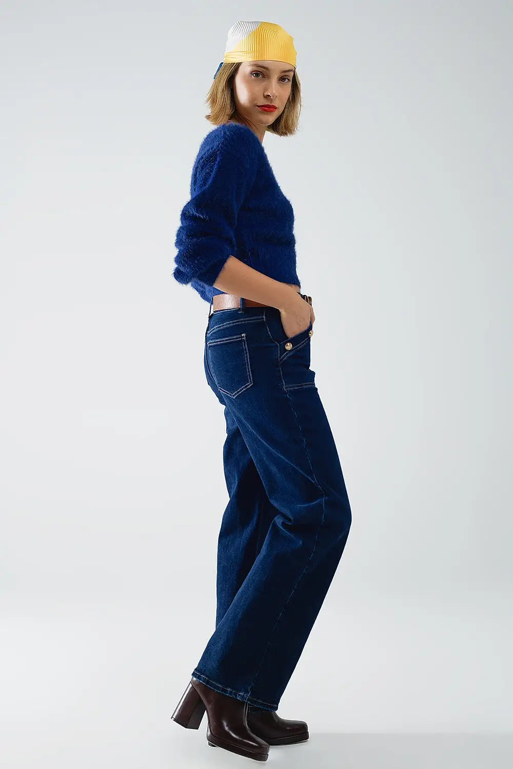cropped fluffy sweater in navy blue fitted at the waist - BLUE / ONE - Sweaters