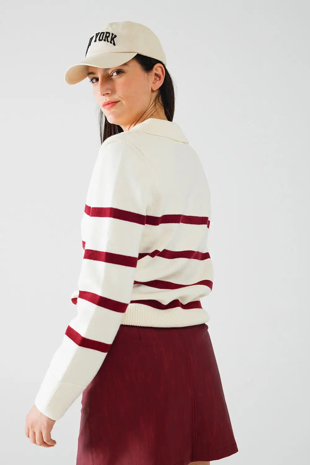 white sweater with dark red stripes and wide v neck - Sweaters