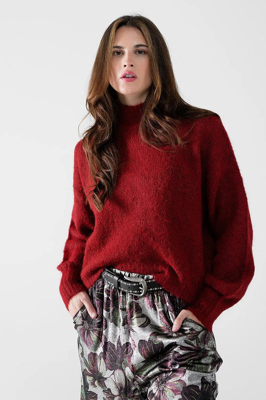 Fluffy red sweater with high neck and balloon sleeves - Sweaters