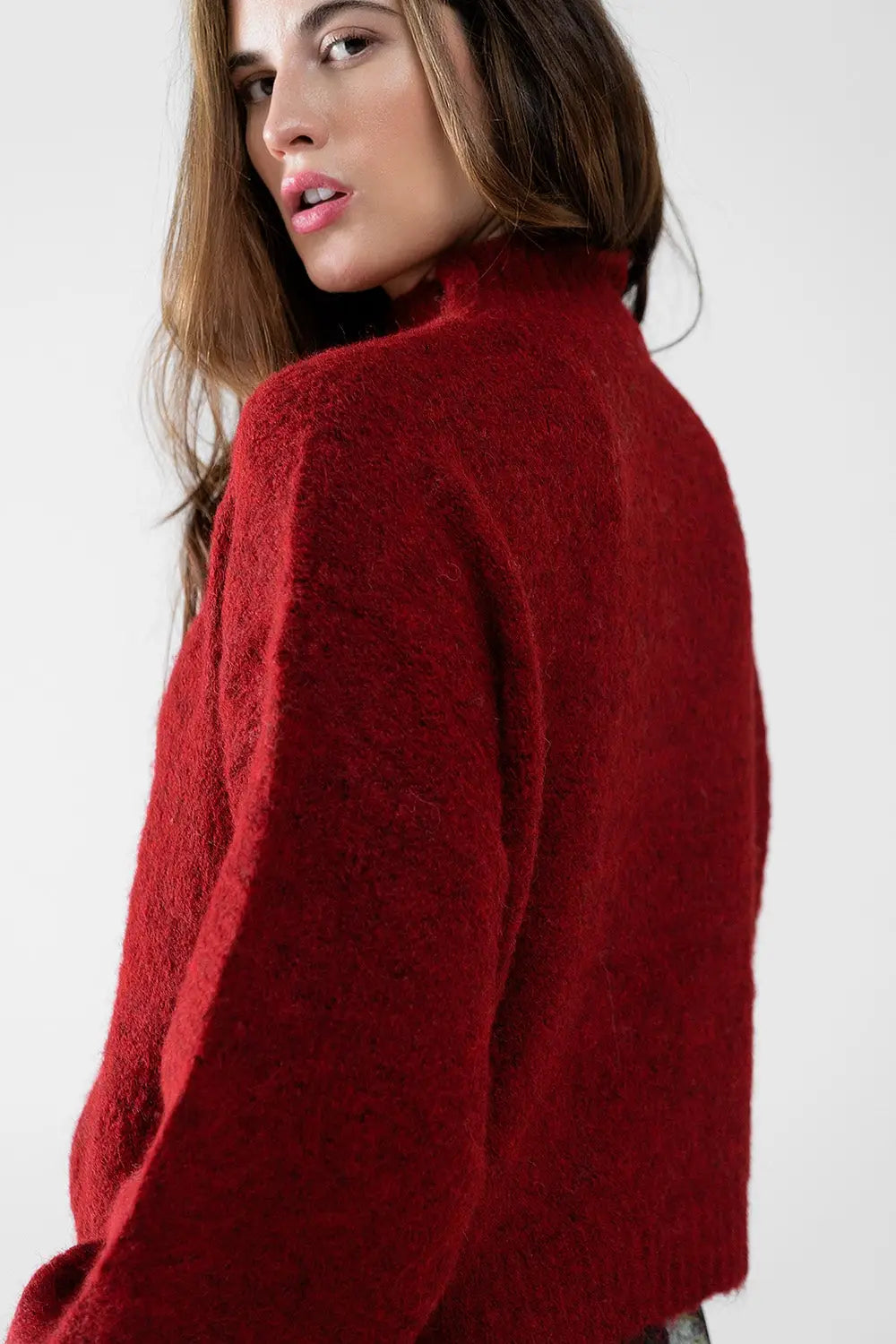 Fluffy red sweater with high neck and balloon sleeves - Sweaters