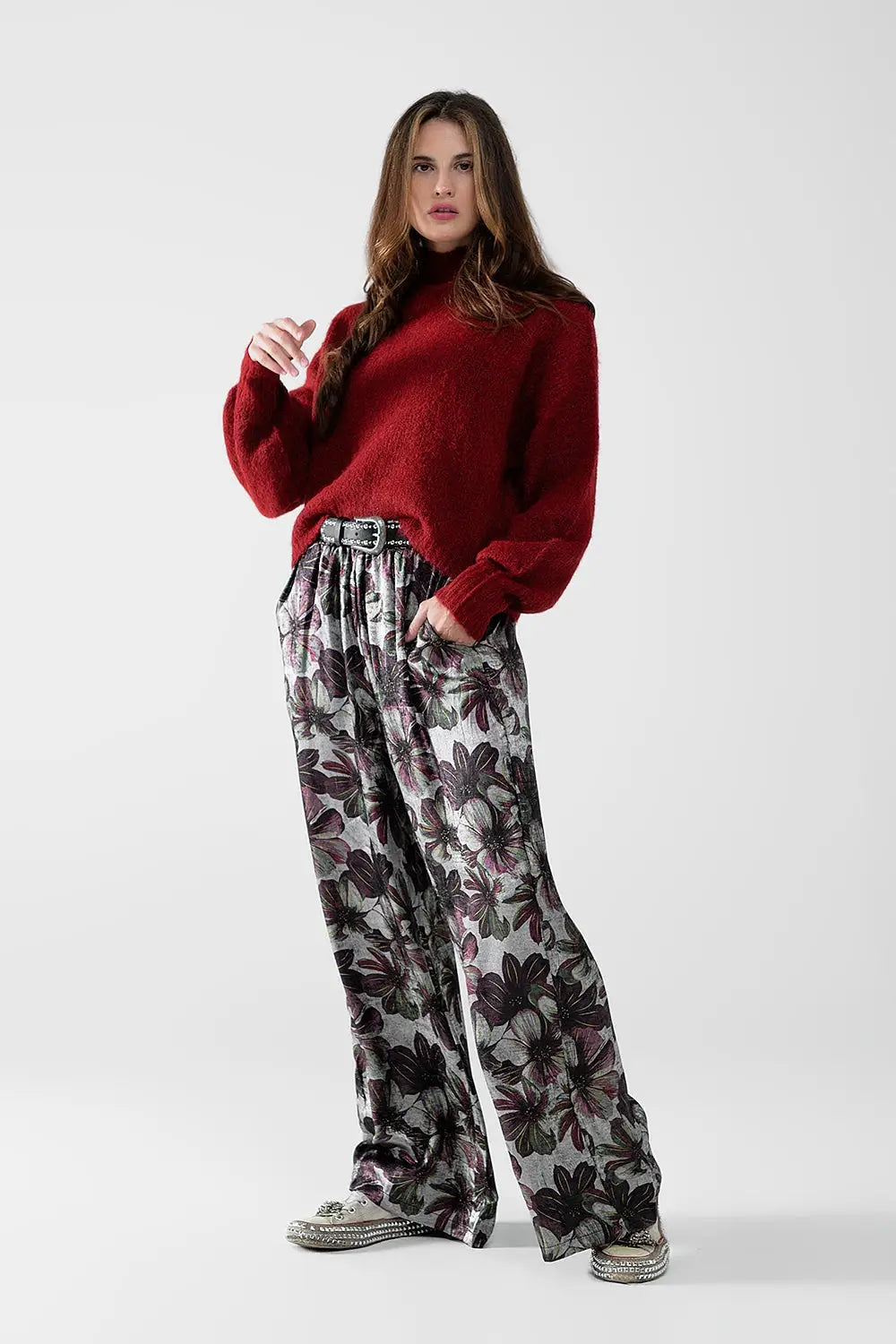 Fluffy red sweater with high neck and balloon sleeves - Sweaters