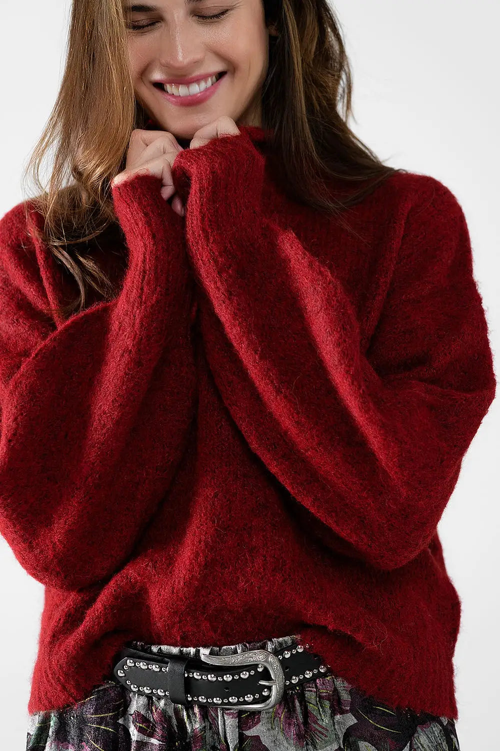 Fluffy red sweater with high neck and balloon sleeves - Sweaters