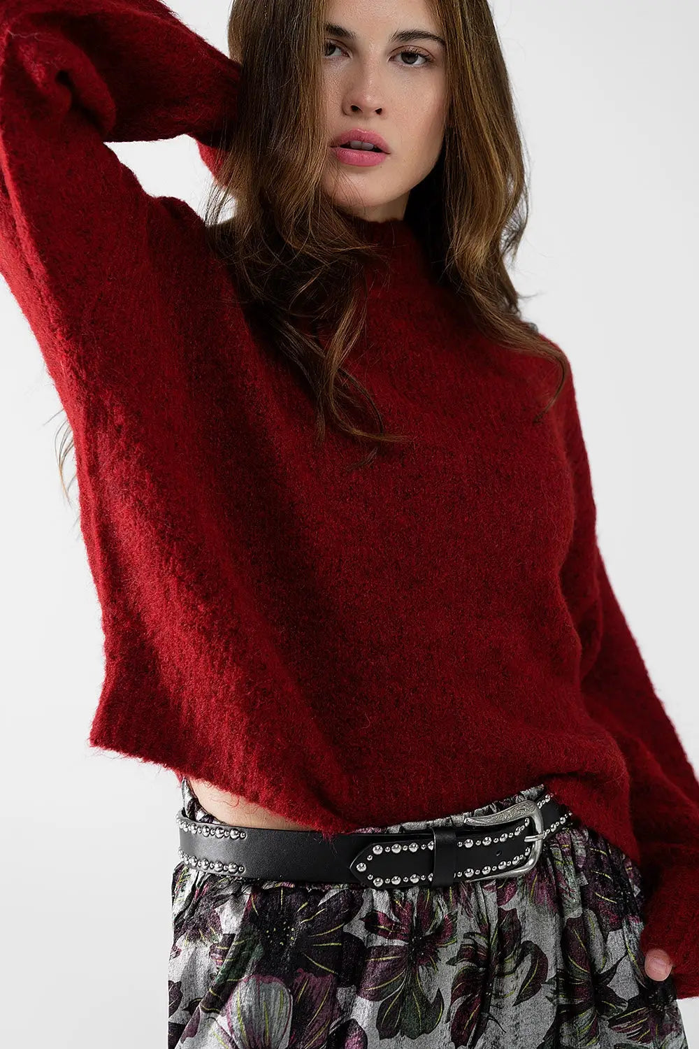 Fluffy red sweater with high neck and balloon sleeves - Sweaters