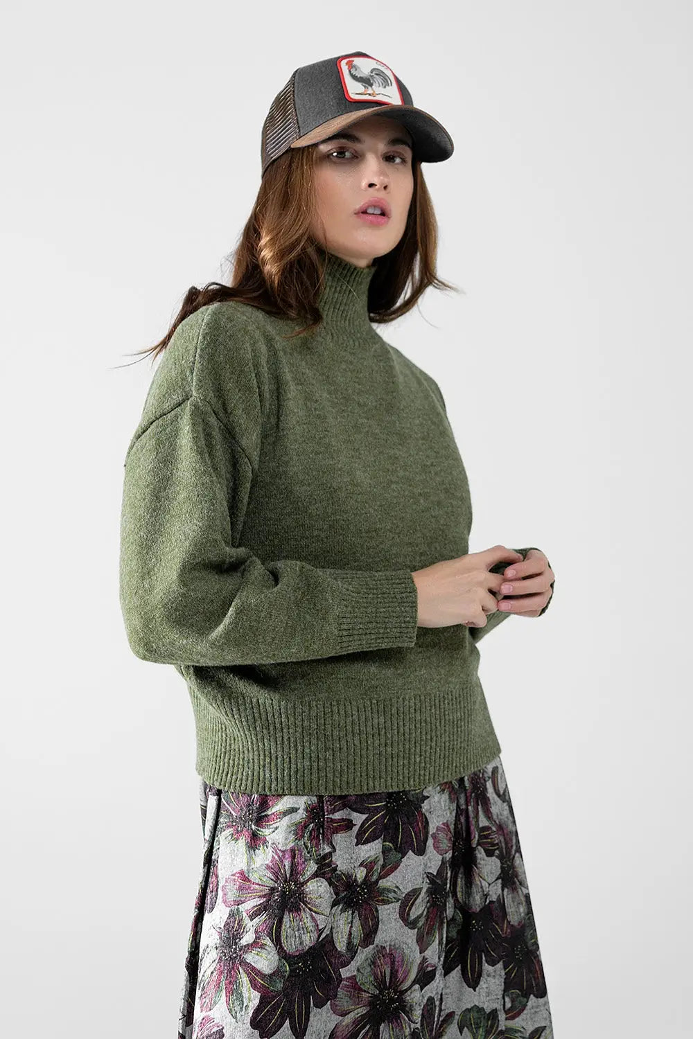 chunky knit sweater in green with turtleneck - Sweaters