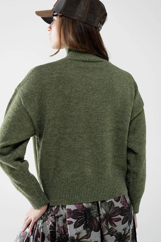 chunky knit sweater in green with turtleneck - Sweaters