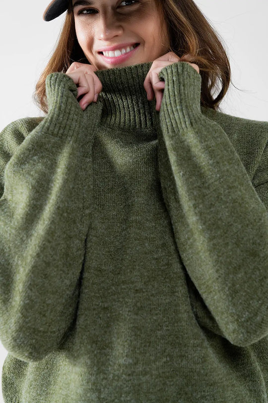 chunky knit sweater in green with turtleneck - Sweaters