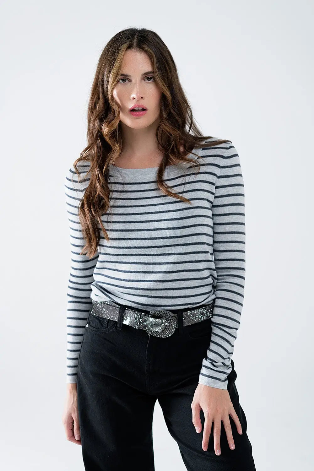 Grey striped fine knit sweater with boat neck - Sweaters