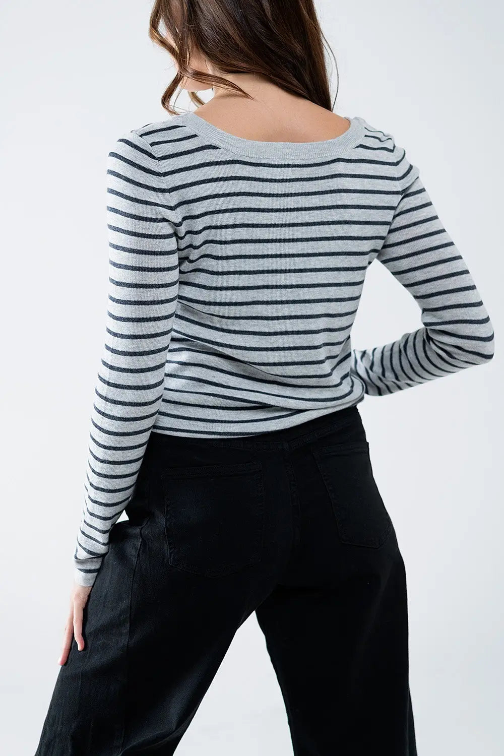 Grey striped fine knit sweater with boat neck - Sweaters