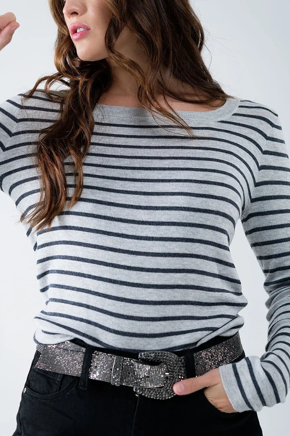 Grey striped fine knit sweater with boat neck - Sweaters