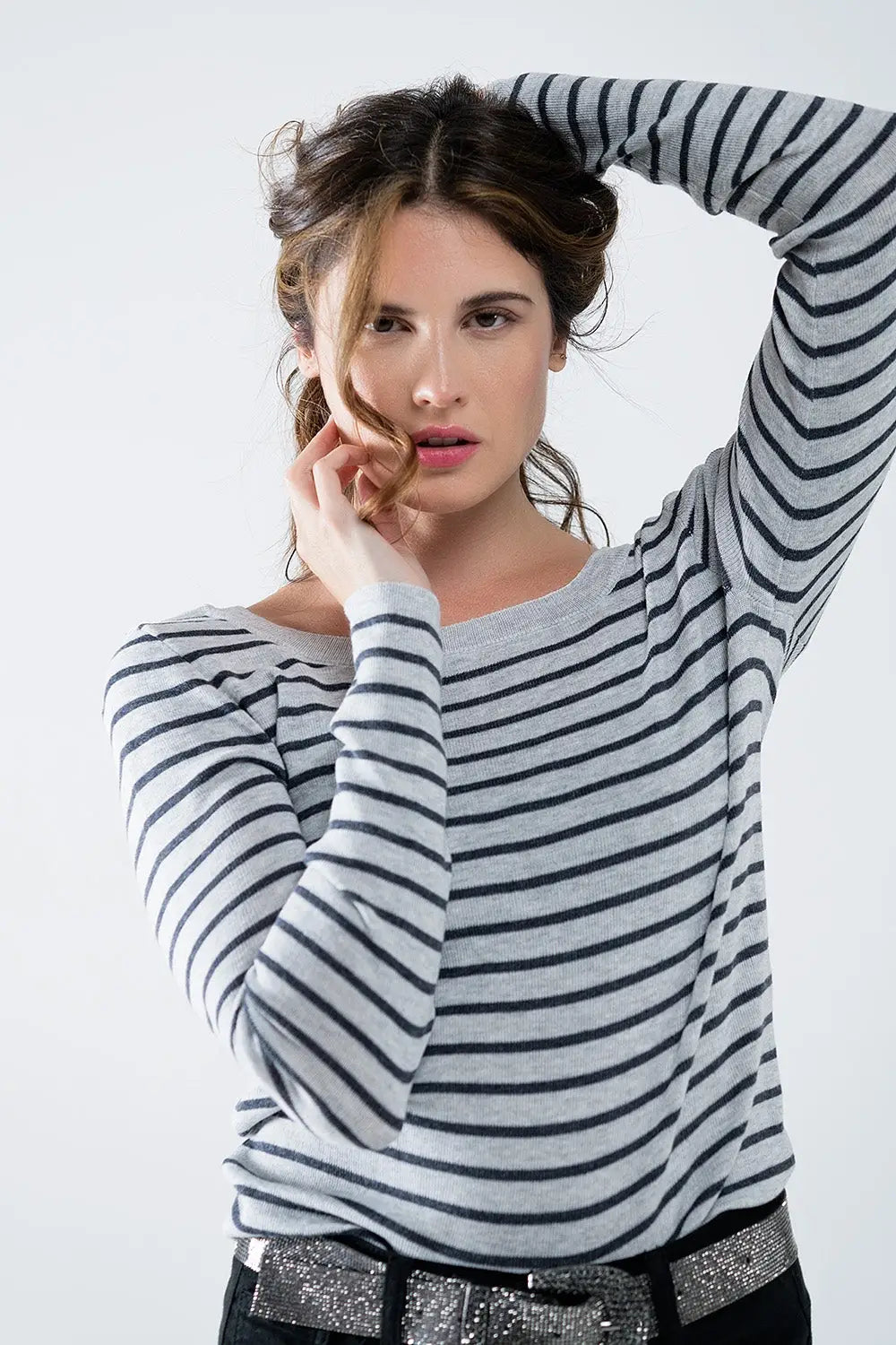 Grey striped fine knit sweater with boat neck - Sweaters